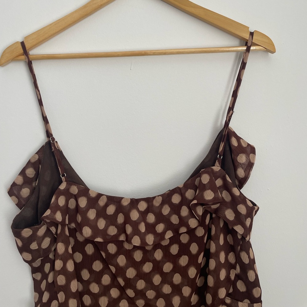 Zara - Flowy Polka Dot Print Ruffle Cami Tank Top Size XL Brown and Cream - Picture 9 of 12